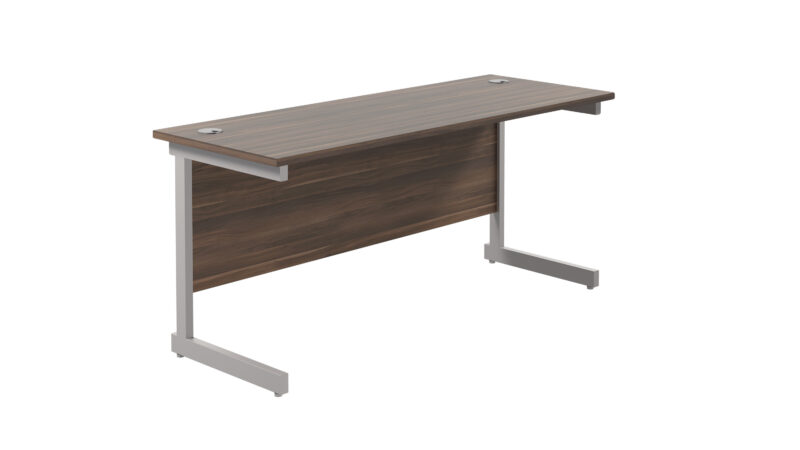 Single Upright Rectangular Desk: 600mm Deep | 1600 X 600 | Dark Walnut/Silver