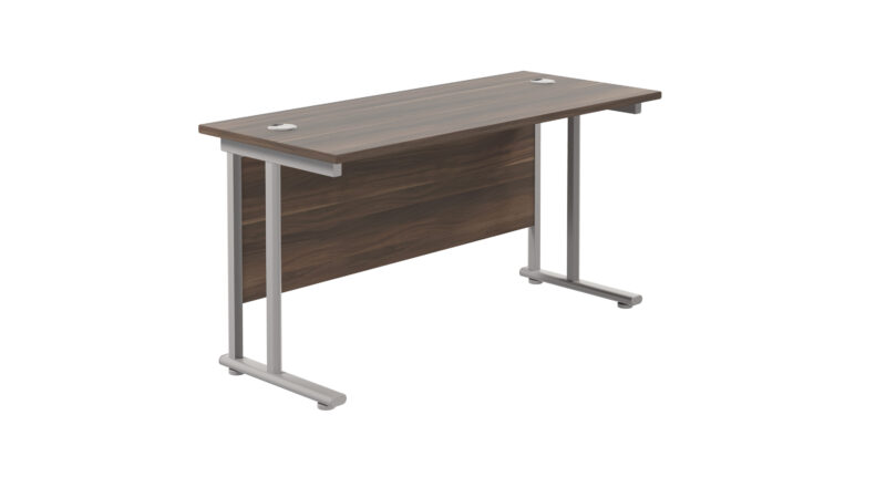 Twin Upright Rectangular Desk: 600mm Deep | 1400X600 | Dark Walnut/Silver