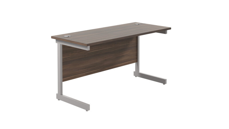 Single Upright Rectangular Desk: 600mm Deep | 1400 X 600 | Dark Walnut/Silver