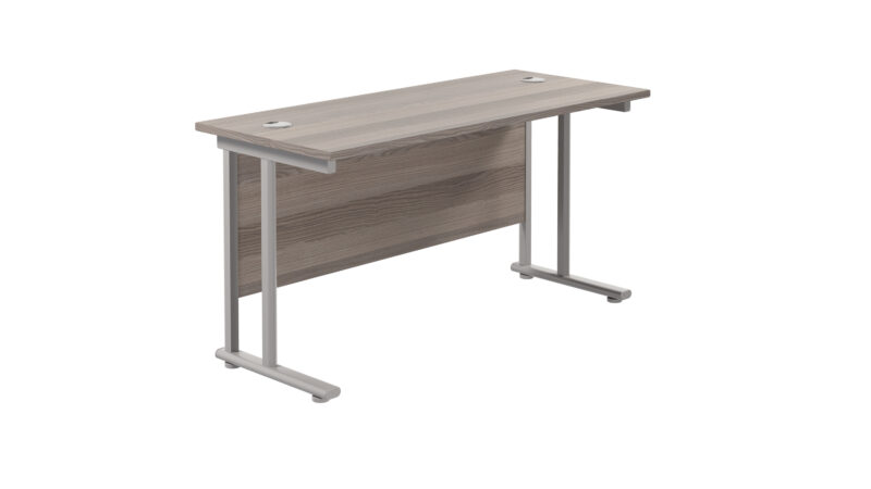 Twin Upright Rectangular Desk: 600mm Deep | 1400X600 | Grey Oak/Silver