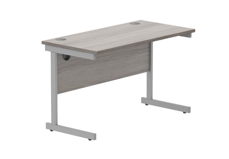 Office Rectangular Desk With Steel Single Upright Cantilever Frame | 1200X600 | Alaskan Grey Oak/Silver