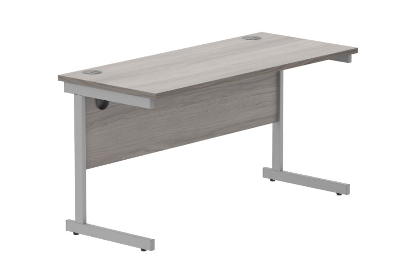 Office Rectangular Desk With Steel Single Upright Cantilever Frame | 1400X600 | Alaskan Grey Oak/Silver