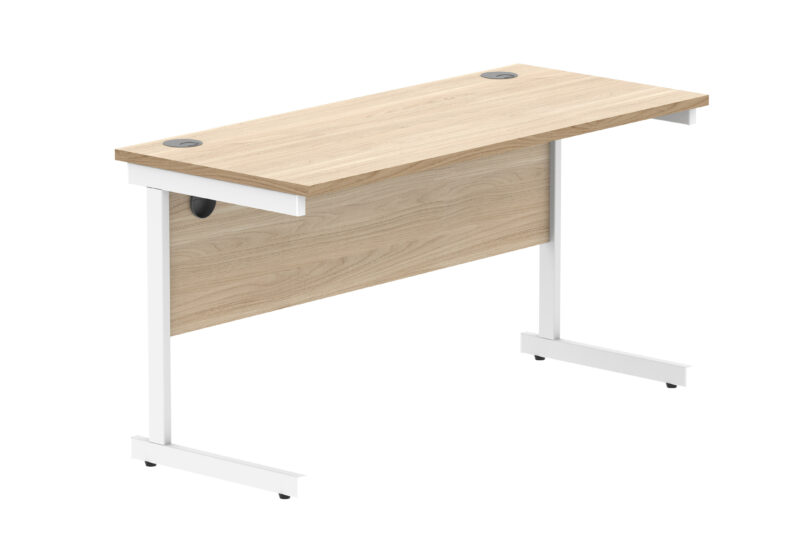 Office Rectangular Desk With Steel Single Upright Cantilever Frame | 1400X600 | Canadian Oak/White