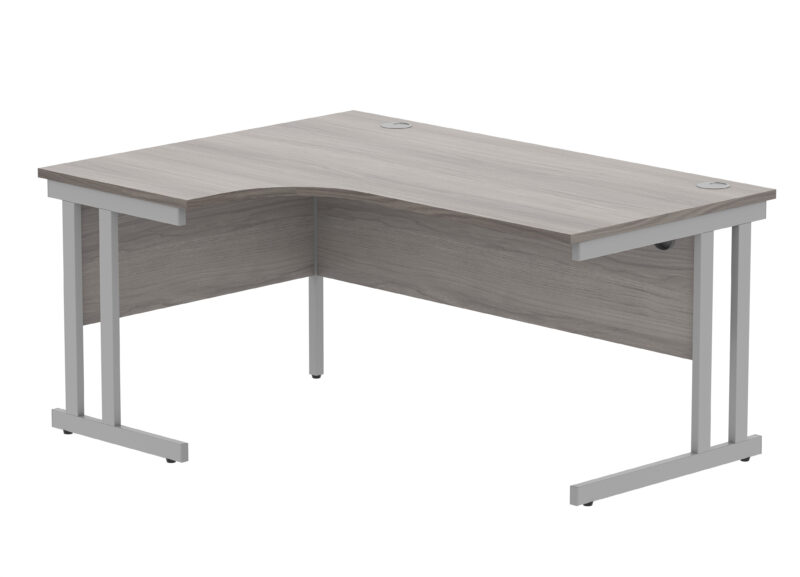 Office Left Hand Corner Desk With Steel Double Upright Cantilever Frame | 1600X1200 | Alaskan Grey Oak/Silver