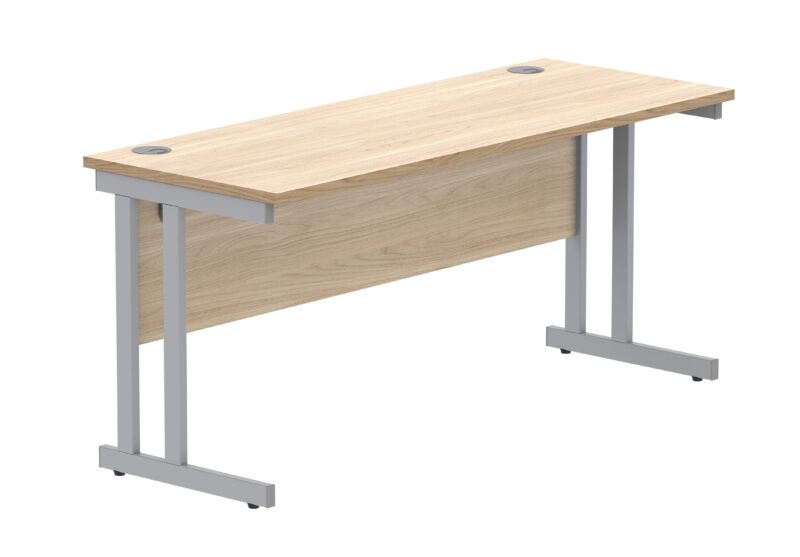 Office Rectangular Desk With Steel Double Upright Cantilever Frame | 1600X600 | Canadian Oak/Silver