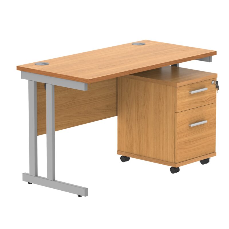 Double Upright Rectangular Desk + 2 Drawer Mobile Under Desk Pedestal | 1200X600 | Norwegian Beech/Silver