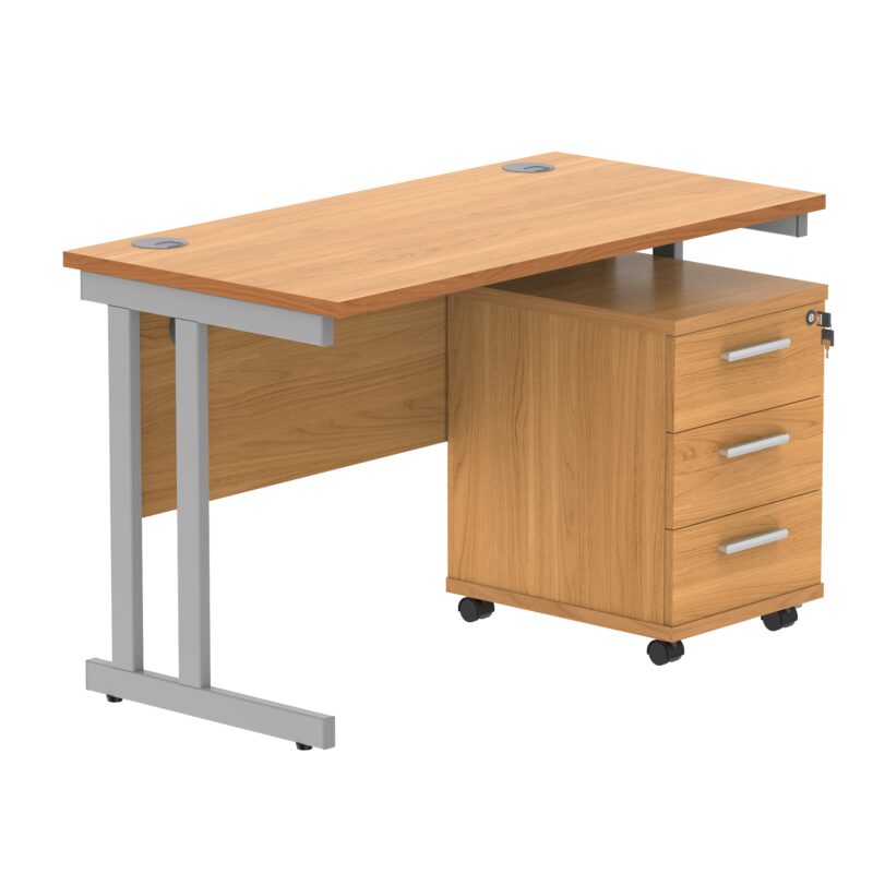 Double Upright Rectangular Desk + 3 Drawer Mobile Under Desk Pedestal | 1200X600 | Norwegian Beech/Silver