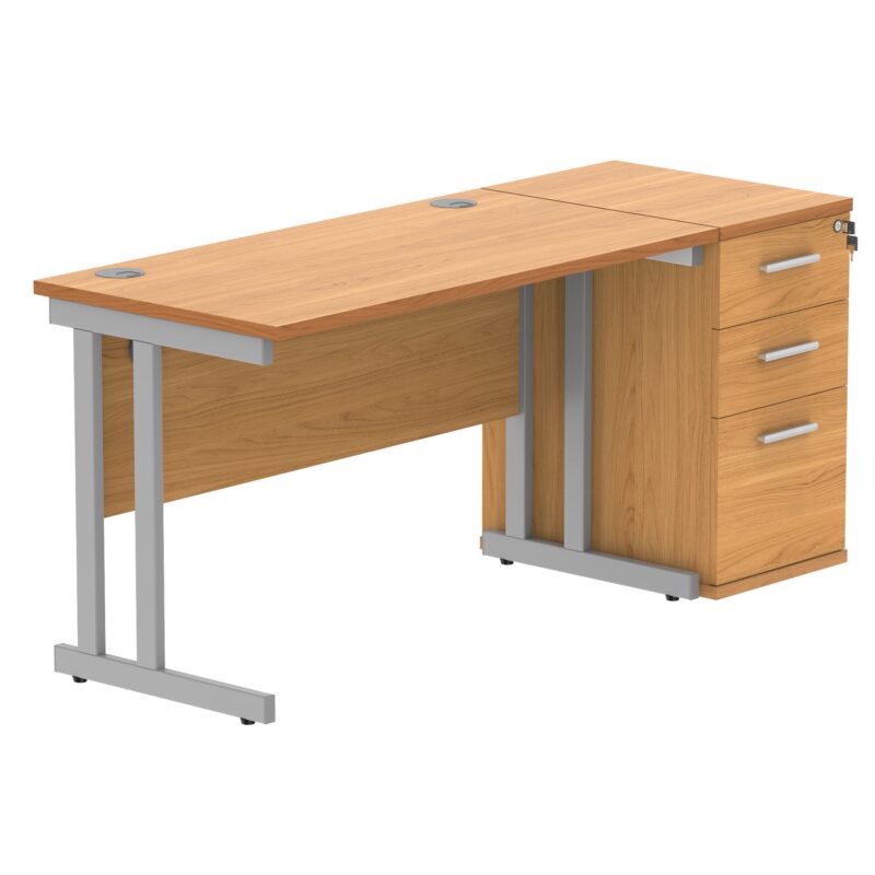 Double Upright Rectangular Desk + Desk High Pedestal | 1200X600 | Norwegian Beech/Silver