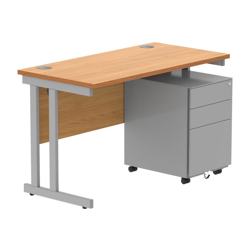 Double Upright Rectangular Desk + Under Desk Steel Pedestal 3 Drawers | 1200X600 | Norwegian Beech/Silver