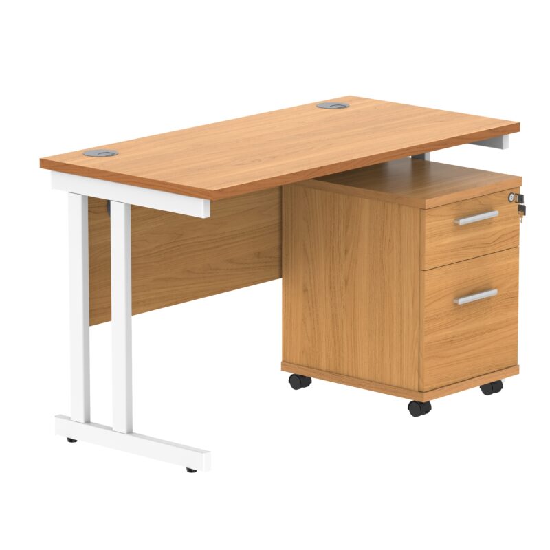 Double Upright Rectangular Desk + 2 Drawer Mobile Under Desk Pedestal | 1200X600 | Norwegian Beech/White