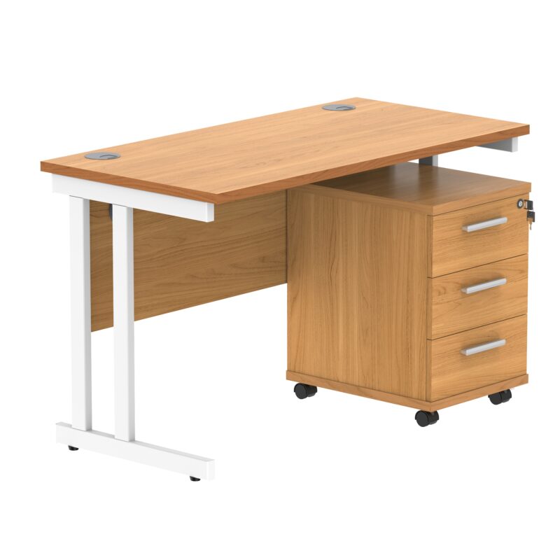 Double Upright Rectangular Desk + 3 Drawer Mobile Under Desk Pedestal | 1200X600 | Norwegian Beech/White