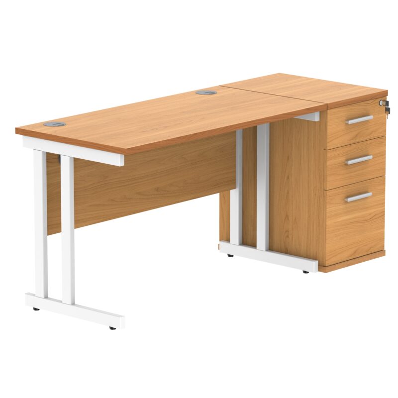 Double Upright Rectangular Desk + Desk High Pedestal | 1200X600 | Norwegian Beech/White