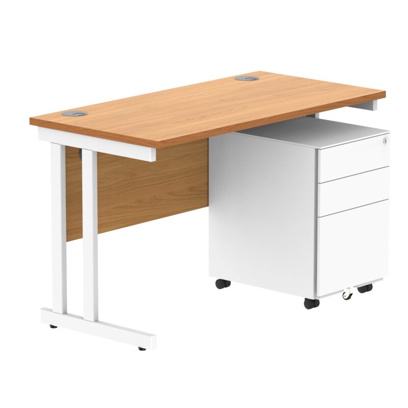 Double Upright Rectangular Desk + Under Desk Steel Pedestal 3 Drawers | 1200X600 | Norwegian Beech/White