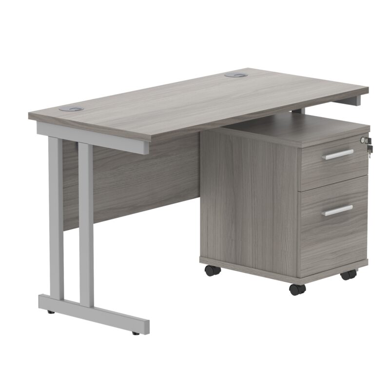 Double Upright Rectangular Desk + 2 Drawer Mobile Under Desk Pedestal | 1200X600 | Alaskan Grey Oak/Silver