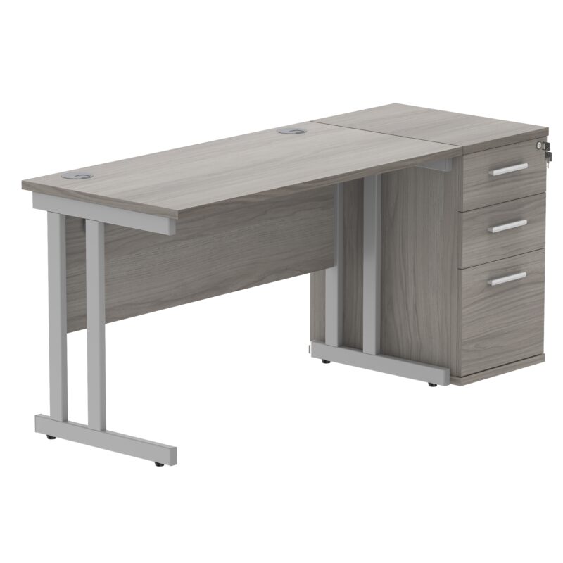 Double Upright Rectangular Desk + Desk High Pedestal | 1200X600 | Alaskan Grey Oak/Silver