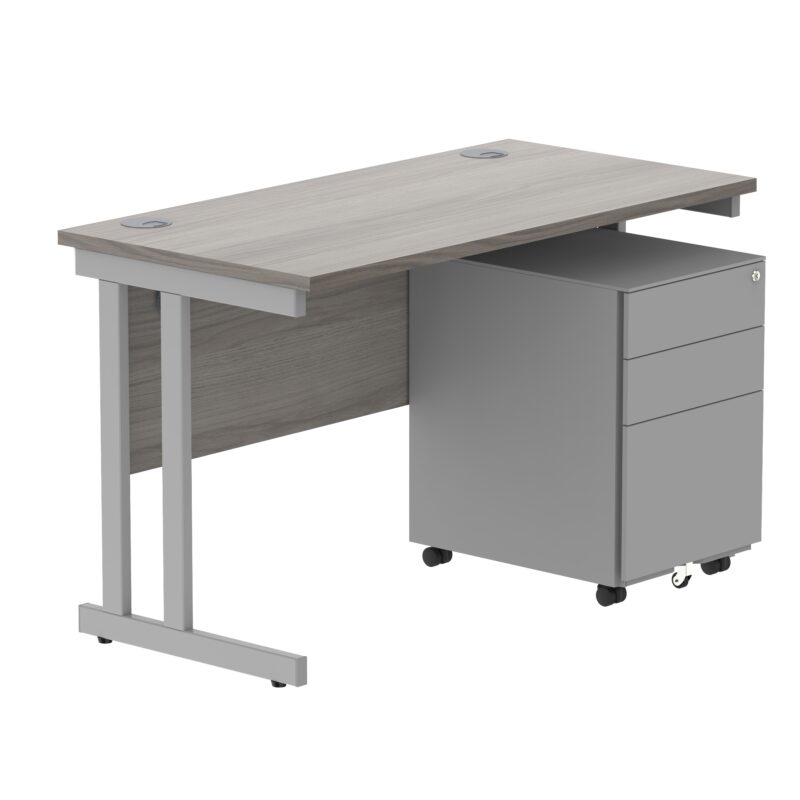 Double Upright Rectangular Desk + Under Desk Steel Pedestal 3 Drawers | 1200X600 | Alaskan Grey Oak/Silver