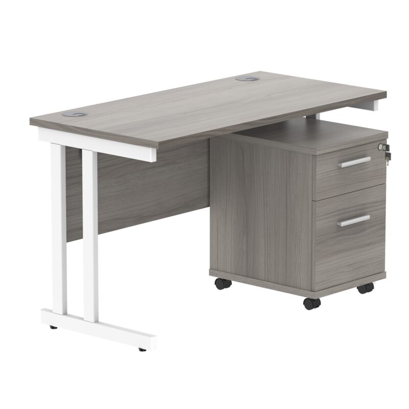 Double Upright Rectangular Desk + 2 Drawer Mobile Under Desk Pedestal | 1200X600 | Alaskan Grey Oak/White