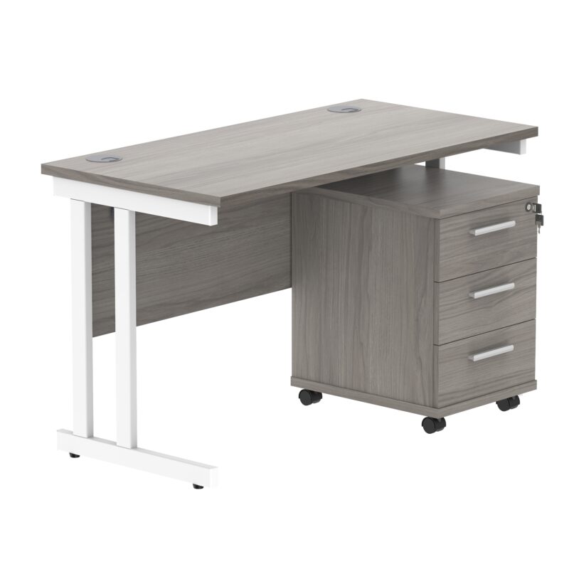 Double Upright Rectangular Desk + 3 Drawer Mobile Under Desk Pedestal | 1200X600 | Alaskan Grey Oak/White