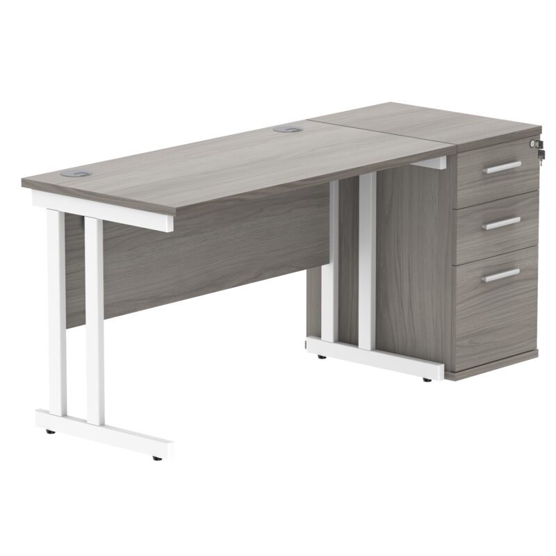 Double Upright Rectangular Desk + Desk High Pedestal | 1200X600 | Alaskan Grey Oak/White