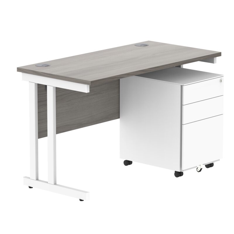 Double Upright Rectangular Desk + Under Desk Steel Pedestal 3 Drawers | 1200X600 | Alaskan Grey Oak/White