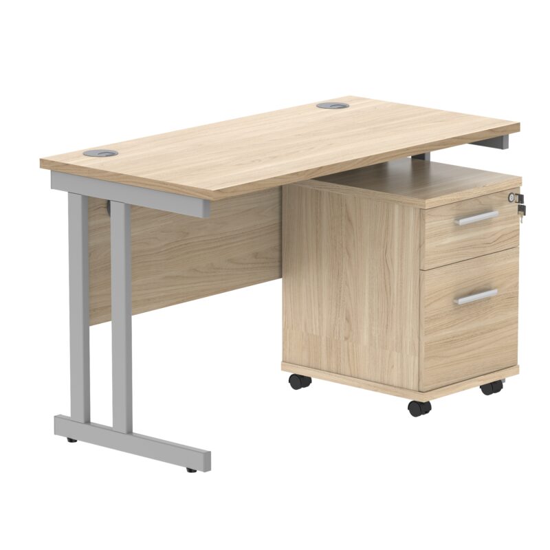 Double Upright Rectangular Desk + 2 Drawer Mobile Under Desk Pedestal | 1200X600 | Canadian Oak/Silver