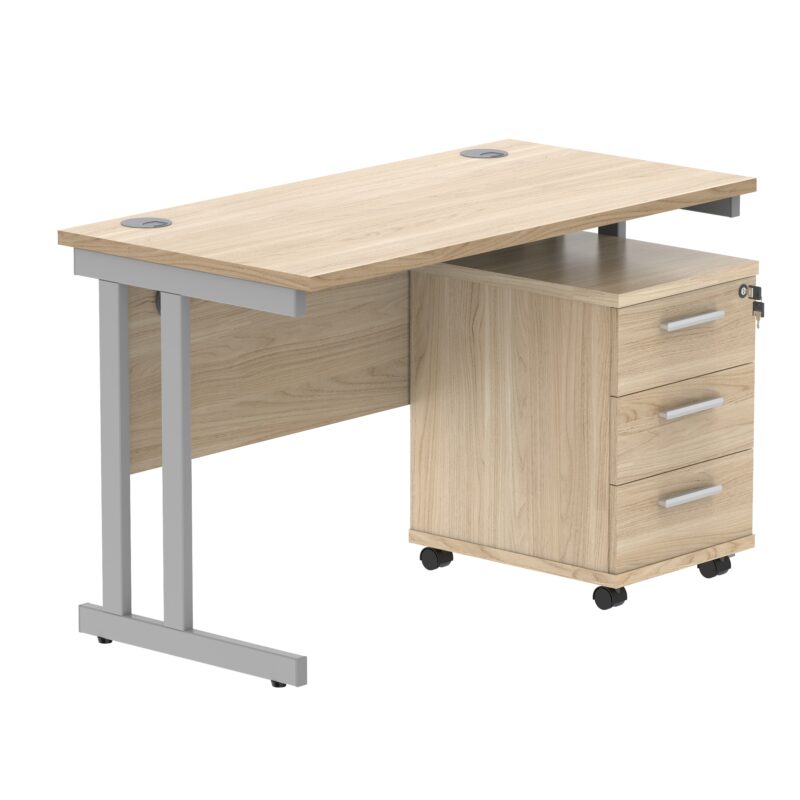 Double Upright Rectangular Desk + 3 Drawer Mobile Under Desk Pedestal | 1200X600 | Canadian Oak/Silver