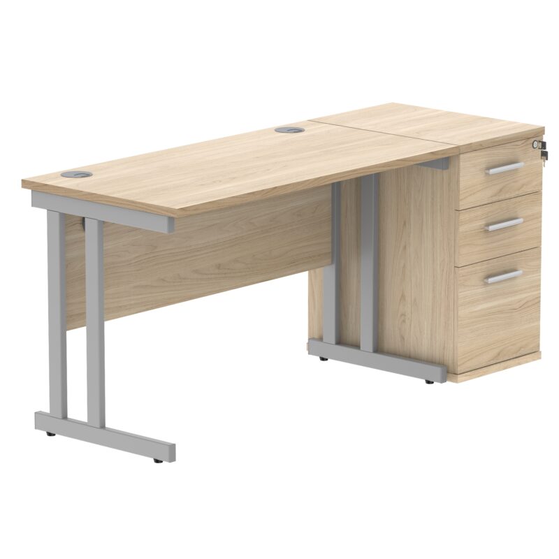 Double Upright Rectangular Desk + Desk High Pedestal | 1200X600 | Canadian Oak/Silver