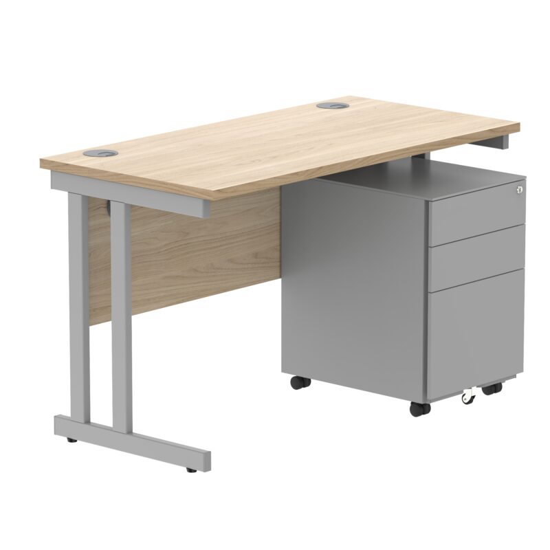 Double Upright Rectangular Desk + Under Desk Steel Pedestal 3 Drawers | 1200X600 | Canadian Oak/Silver