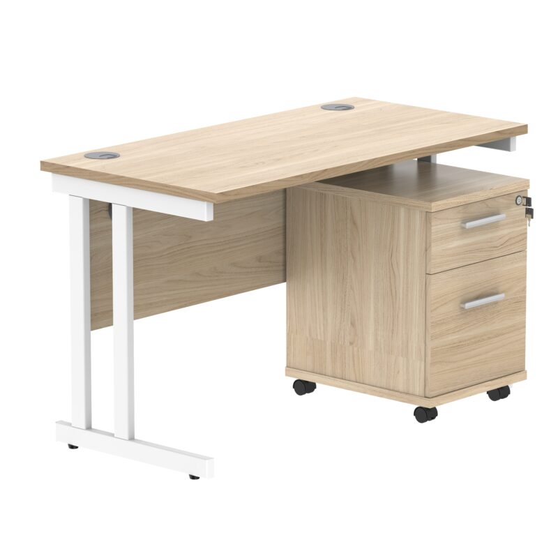 Double Upright Rectangular Desk + 2 Drawer Mobile Under Desk Pedestal | 1200X600 | Canadian Oak/White