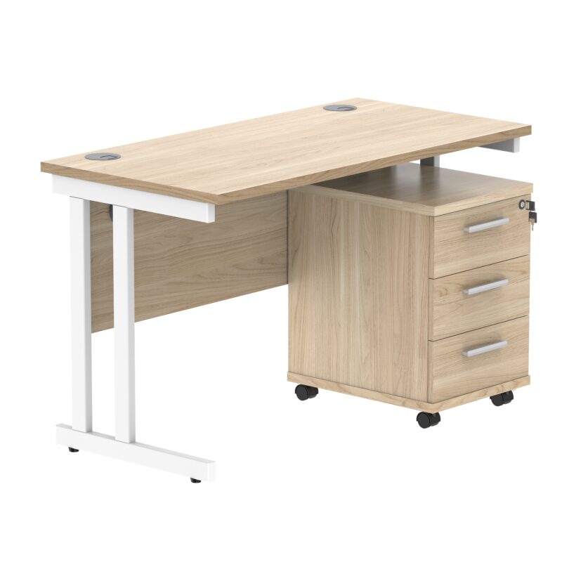 Double Upright Rectangular Desk + 3 Drawer Mobile Under Desk Pedestal | 1200X600 | Canadian Oak/White