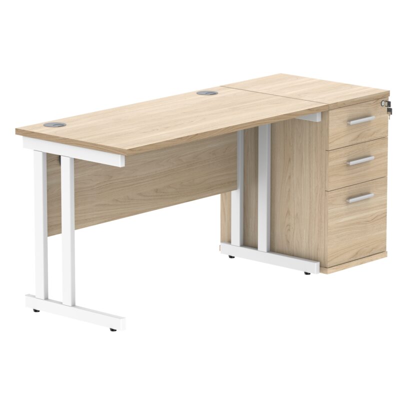 Double Upright Rectangular Desk + Desk High Pedestal | 1200X600 | Canadian Oak/White