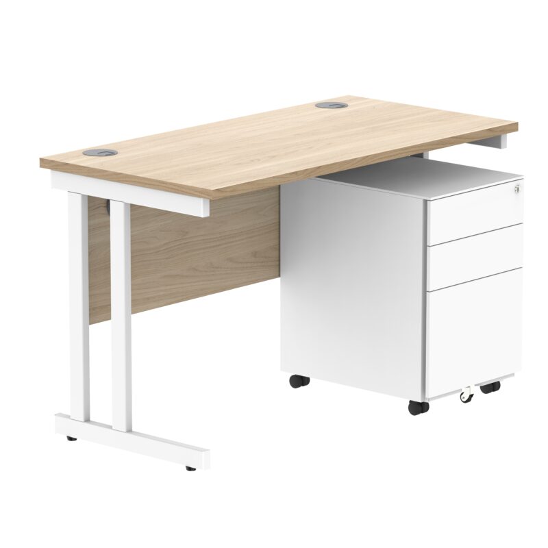 Double Upright Rectangular Desk + Under Desk Steel Pedestal 3 Drawers | 1200X600 | Canadian Oak/White