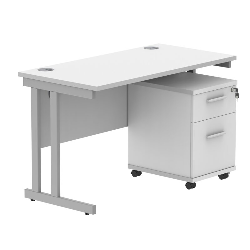 Double Upright Rectangular Desk + 2 Drawer Mobile Under Desk Pedestal | 1200X600 | Arctic White/Silver