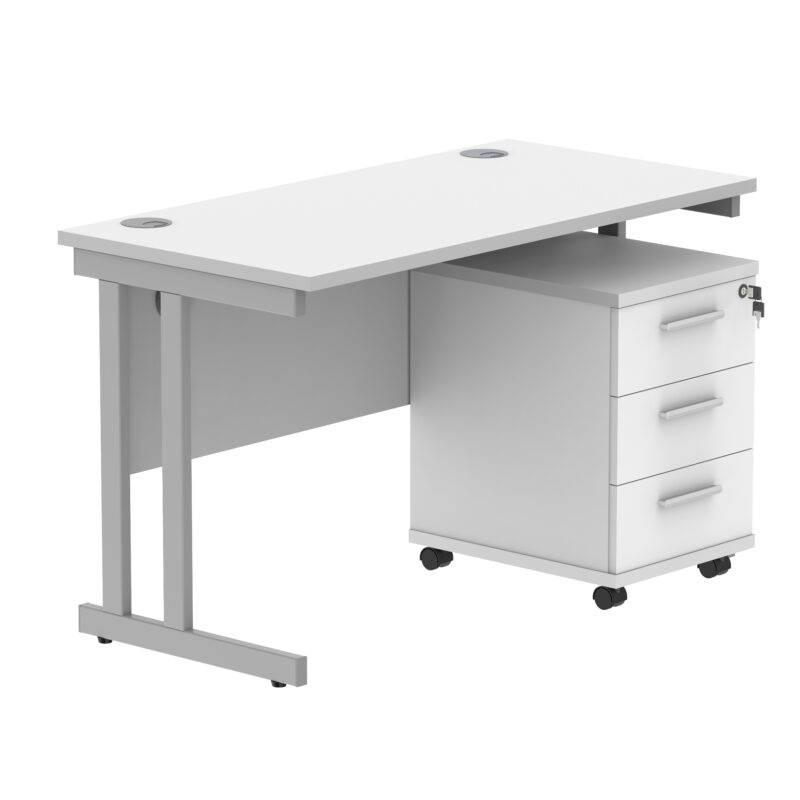 Double Upright Rectangular Desk + 3 Drawer Mobile Under Desk Pedestal | 1200X600 | Arctic White/Silver