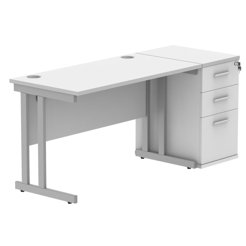 Double Upright Rectangular Desk + Desk High Pedestal | 1200X600 | Arctic White/Silver