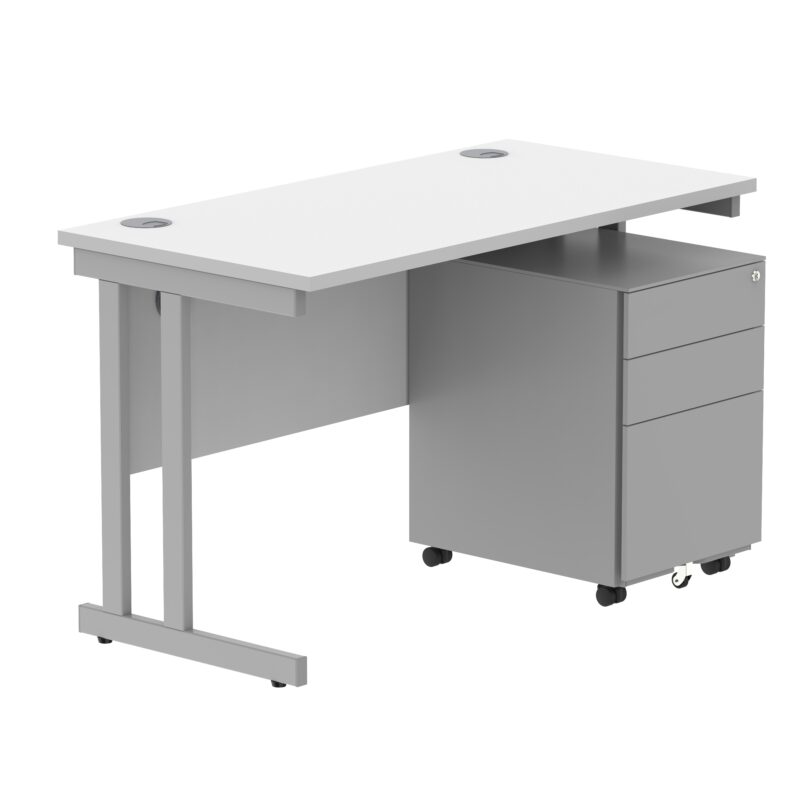 Double Upright Rectangular Desk + Under Desk Steel Pedestal 3 Drawers | 1200X600 | Arctic White/Silver