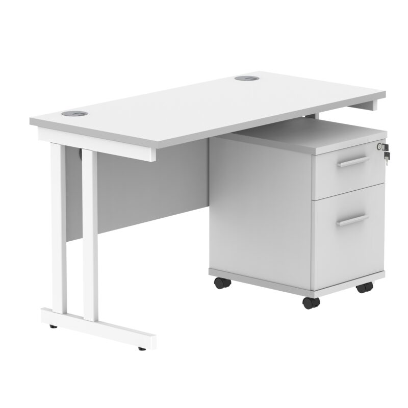 Double Upright Rectangular Desk + 2 Drawer Mobile Under Desk Pedestal | 1200X600 | Arctic White/White