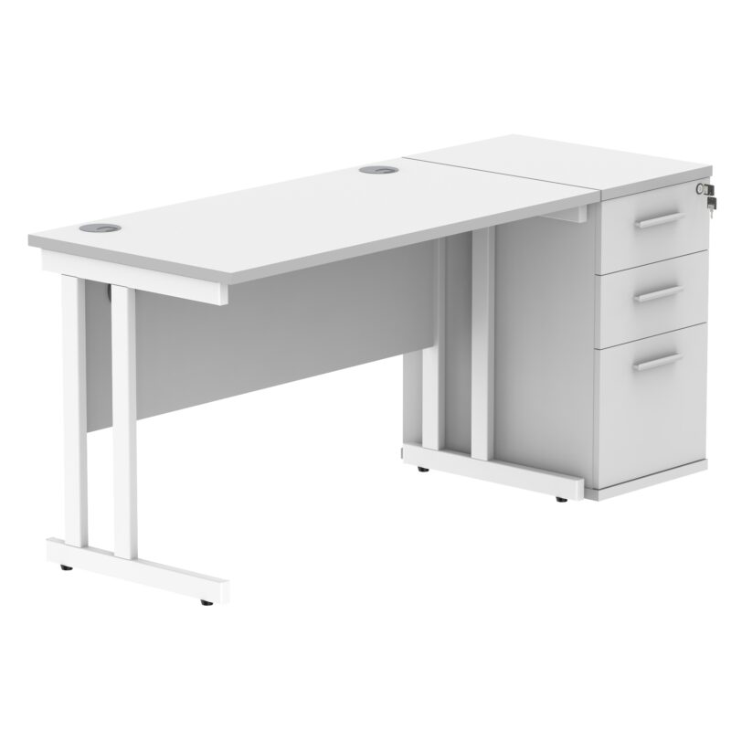 Double Upright Rectangular Desk + Desk High Pedestal | 1200X600 | Arctic White/White