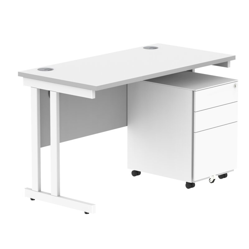 Double Upright Rectangular Desk + Under Desk Steel Pedestal 3 Drawers | 1200X600 | Arctic White/White