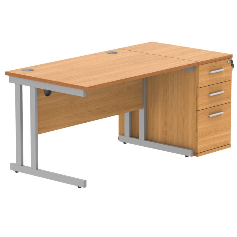 Double Upright Rectangular Desk + Desk High Pedestal | 1200X800 | Norwegian Beech/Silver