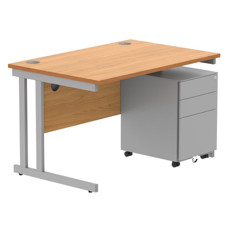 Double Upright Rectangular Desk + Under Desk Steel Pedestal 3 Drawers | 1200X800 | Norwegian Beech/Silver