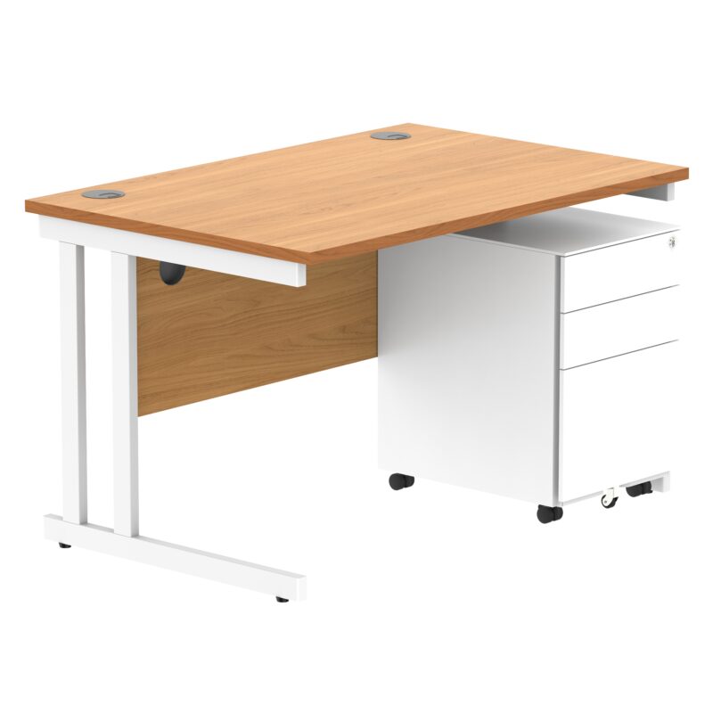 Double Upright Rectangular Desk + Under Desk Steel Pedestal 3 Drawers | 1200X800 | Norwegian Beech/White