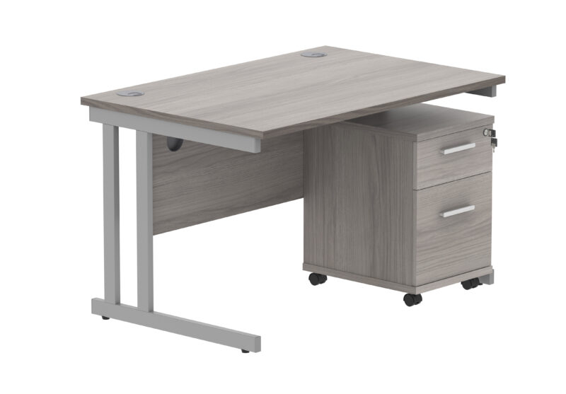 Double Upright Rectangular Desk + 2 Drawer Mobile Under Desk Pedestal | 1200X800 | Alaskan Grey Oak/Silver