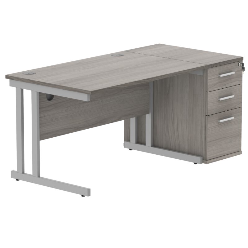 Double Upright Rectangular Desk + Desk High Pedestal | 1200X800 | Alaskan Grey Oak/Silver