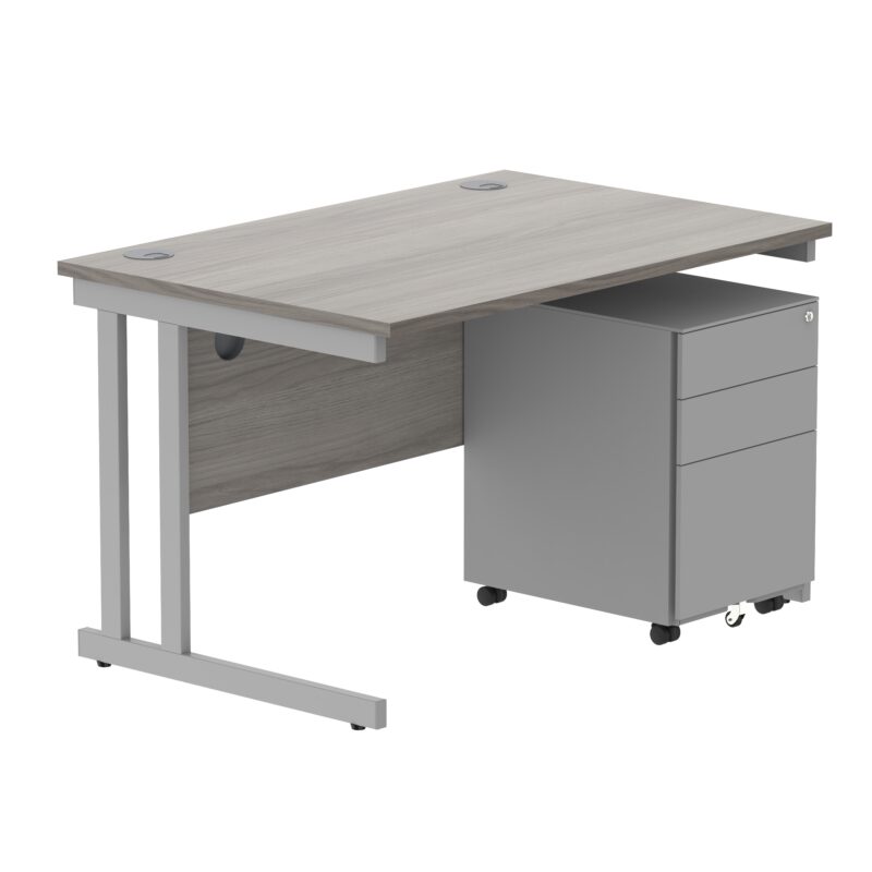 Double Upright Rectangular Desk + Under Desk Steel Pedestal 3 Drawers | 1200X800 | Alaskan Grey Oak/Silver