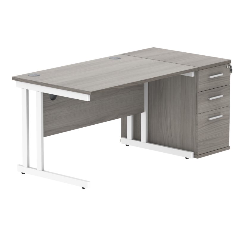 Double Upright Rectangular Desk + Desk High Pedestal | 1200X800 | Alaskan Grey Oak/White