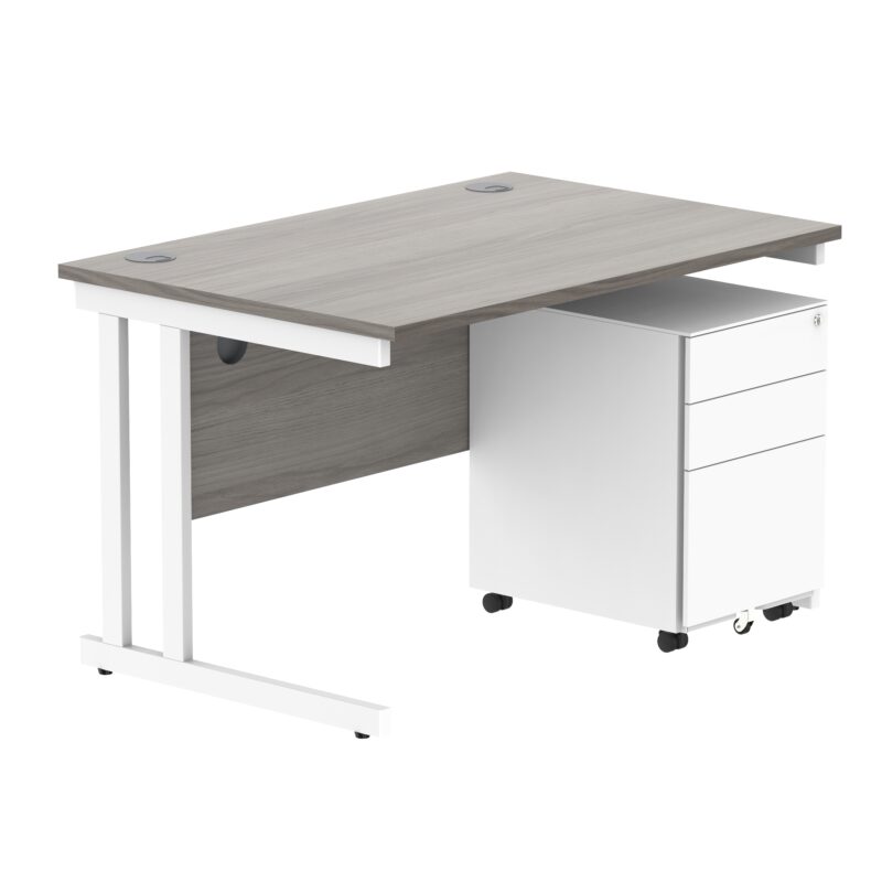 Double Upright Rectangular Desk + Under Desk Steel Pedestal 3 Drawers | 1200X800 | Alaskan Grey Oak/White