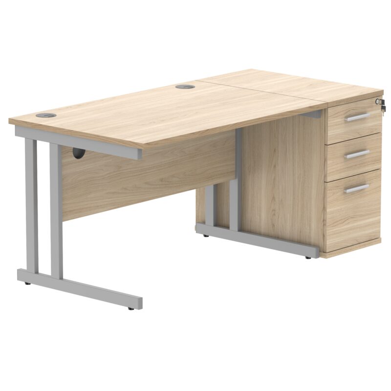 Double Upright Rectangular Desk + Desk High Pedestal | 1200X800 | Canadian Oak/Silver