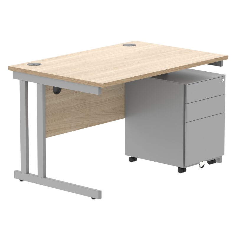 Double Upright Rectangular Desk + Under Desk Steel Pedestal 3 Drawers | 1200X800 | Canadian Oak/Silver