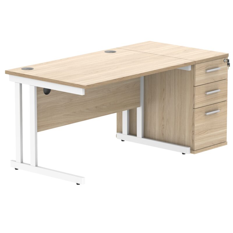 Double Upright Rectangular Desk + Desk High Pedestal | 1200X800 | Canadian Oak/White